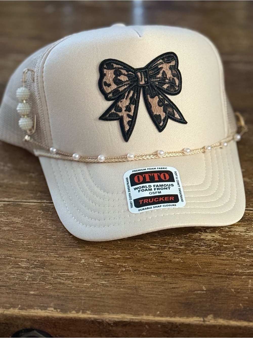 OTTO Beige Trucker Hat with Leopard Bow and Pearl Chain